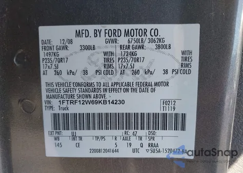 2009 Ford F-150 Stx/Xl/Xlt из США, поврежденный, VIN 1FTRF12W69KB14230